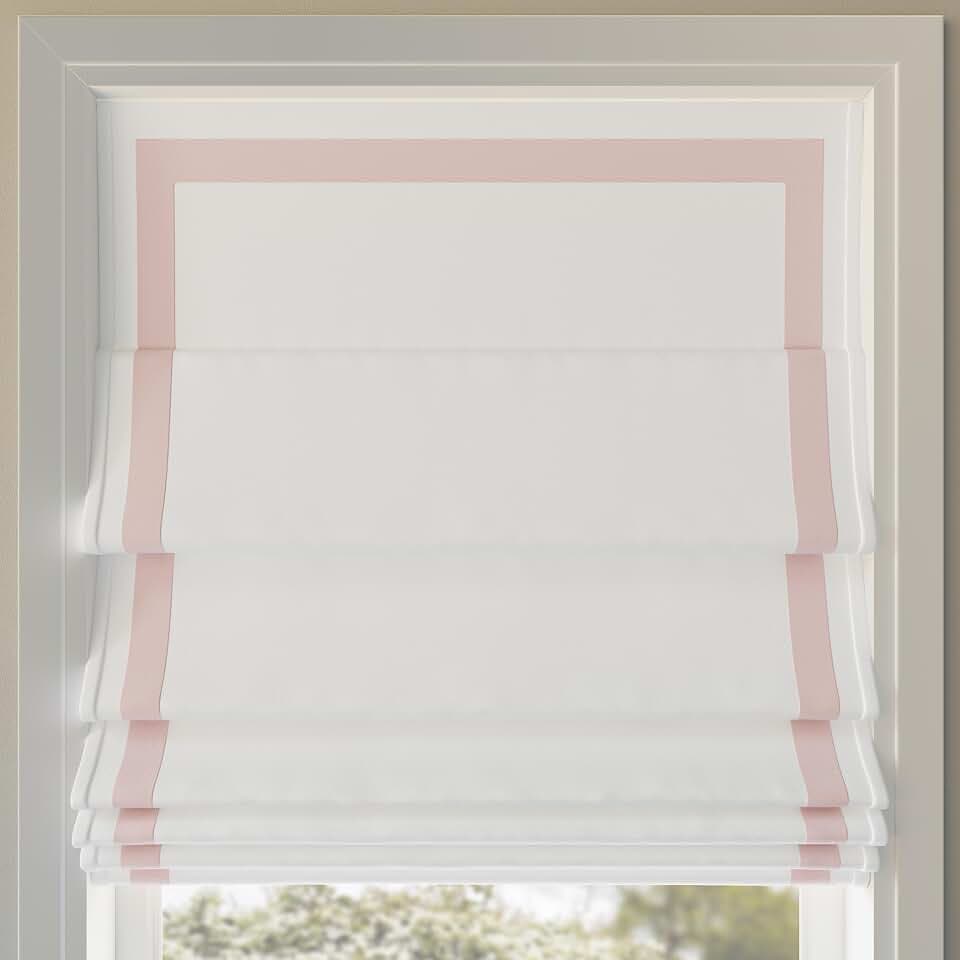 Sun Zero Marline Pink Ribbon Border 100% Total Blackout Cordless Roman Shade, Pink/White, 33" W x 64" H