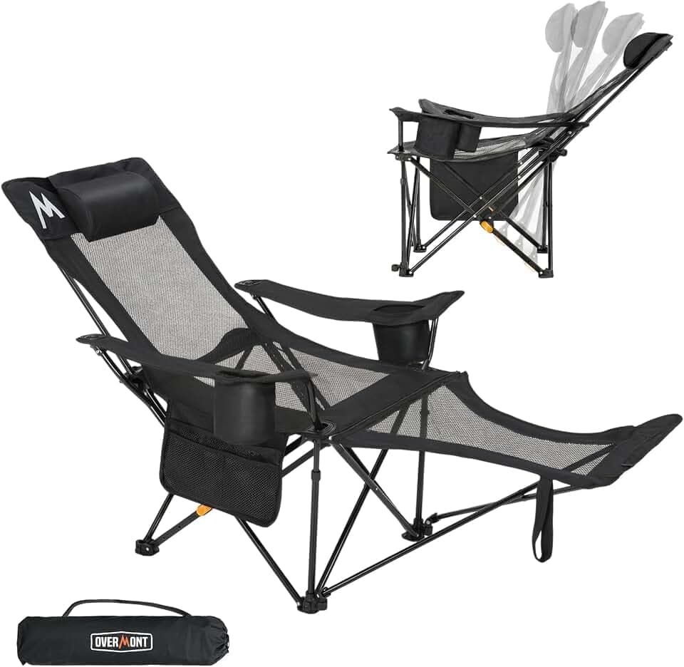 Overmont Reclining Camping Chair with Footrest - 4-Position Adjustable