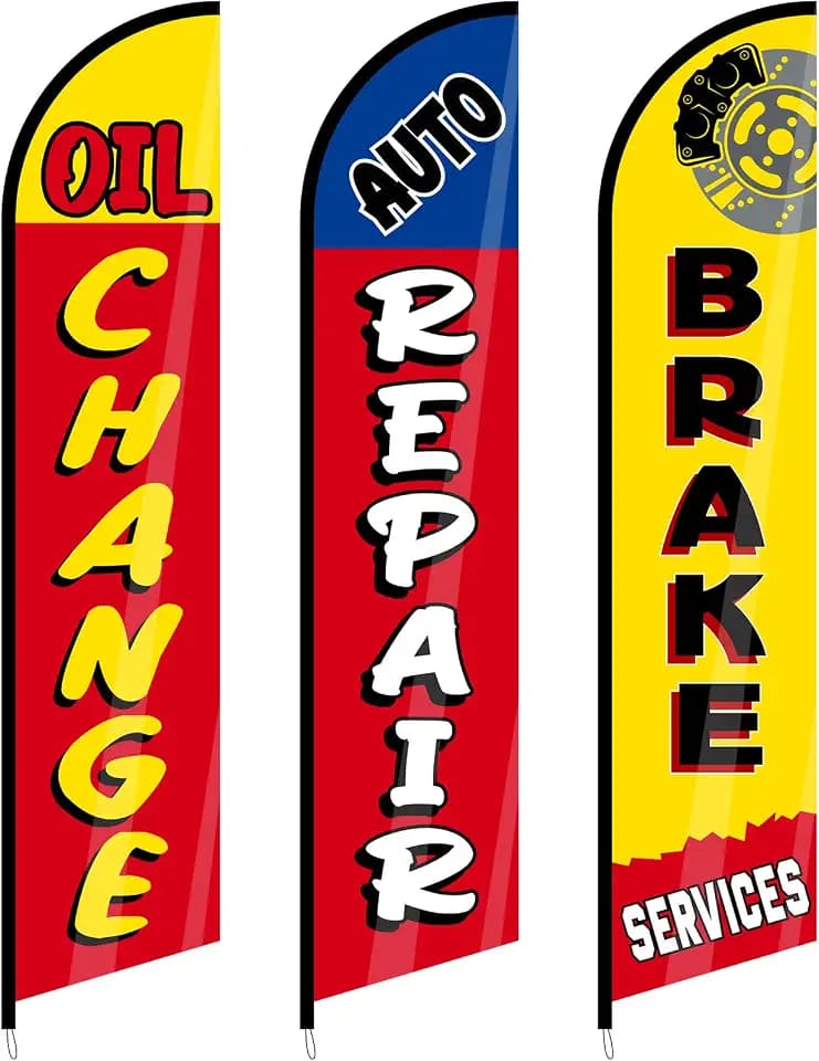 Hahafelt 3 Pack Auto Repair Shop Oil Change Feather Flag Sets, 8.2 x 2.1 ft Large Brake Services Advertising Windless Flag for Business Mechanics Automotive Car Repair Shops