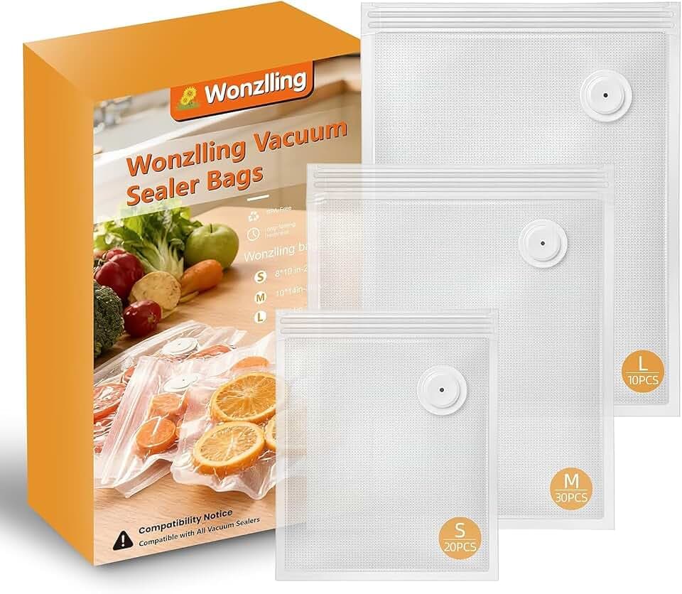 Vacuum Sealer Bags for Food, 60 Pcs Reusable Food Storage Bags, S+M+L Sizes, Air Valve Zipper Bags for Meal Prep, Freezer, Sous Vide & Microwave Storage