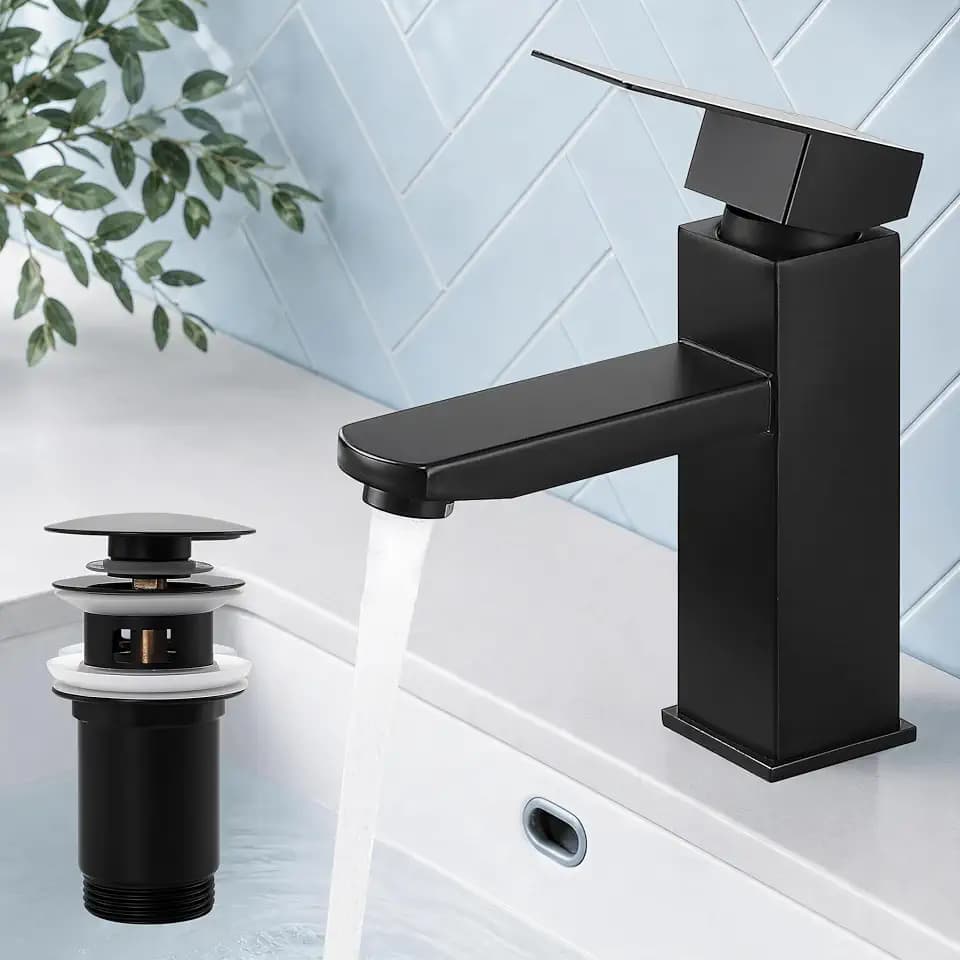 HOMELODY Wasserhahn Bad Schwarz mit Ablaufgarnitur, Waschtischarmatur Bad
