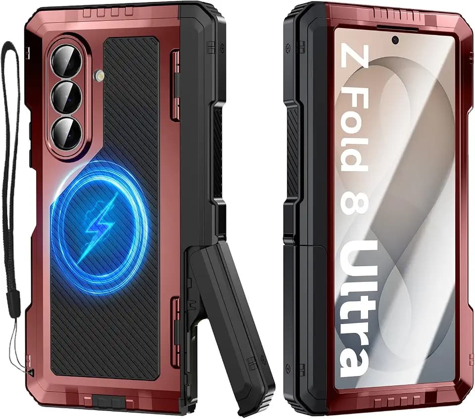 Rugged Armor Magnetic Case for Samsung Galaxy Z Fold 8 Ultra, Military Grade Drop Protection, Full Hinge Cover, Built-in Screen Protector & Kickstand, Metal Shockproof Protective Case, Red