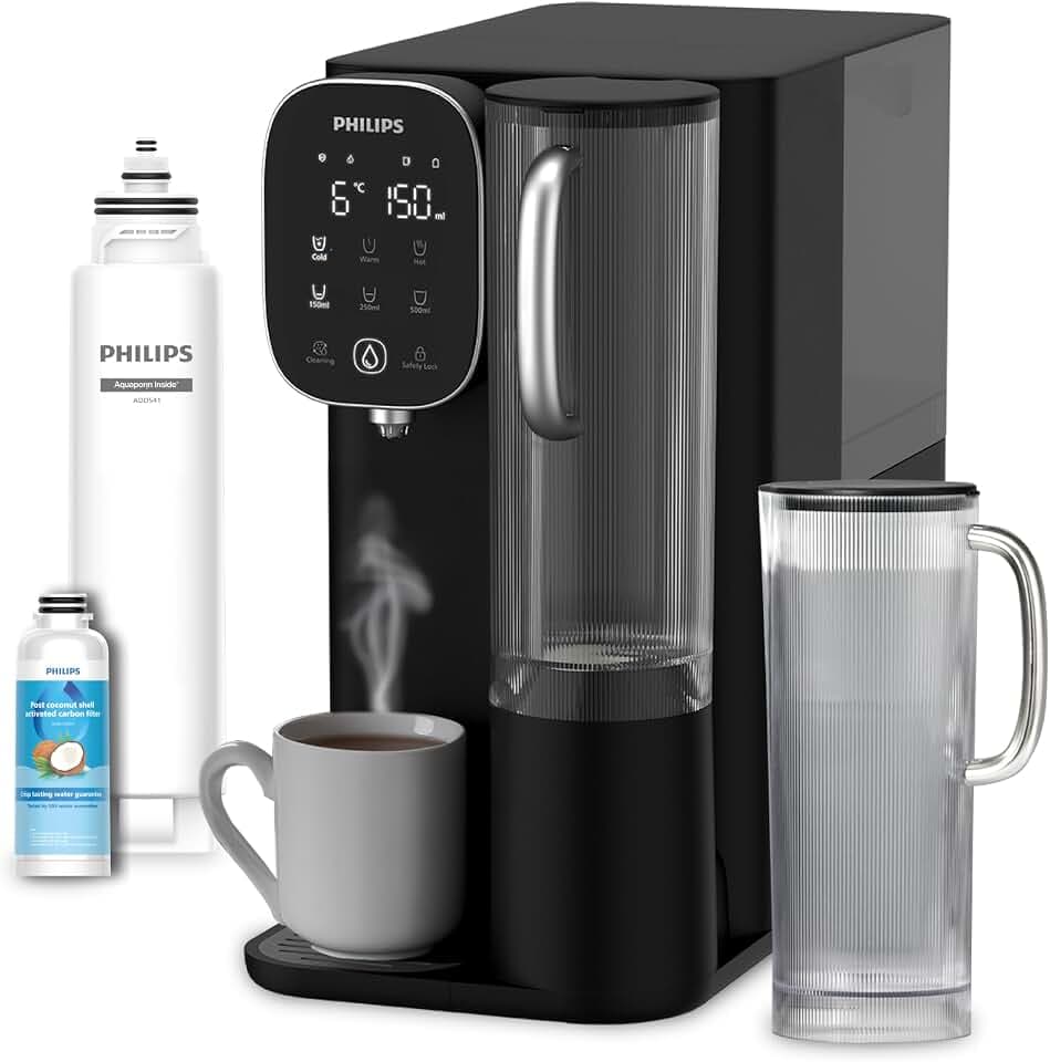 Philips 6500 Umkehrosmose-Wasserspender: gereinigtes heißes und gekühltes Wasser in Sekunden, 5-in-1-RO-Filter reduziert >110 Schadstoffe, 3:1 Rein-/Abwasser, UV-C-Schutz, Keine Installation, 2000 L