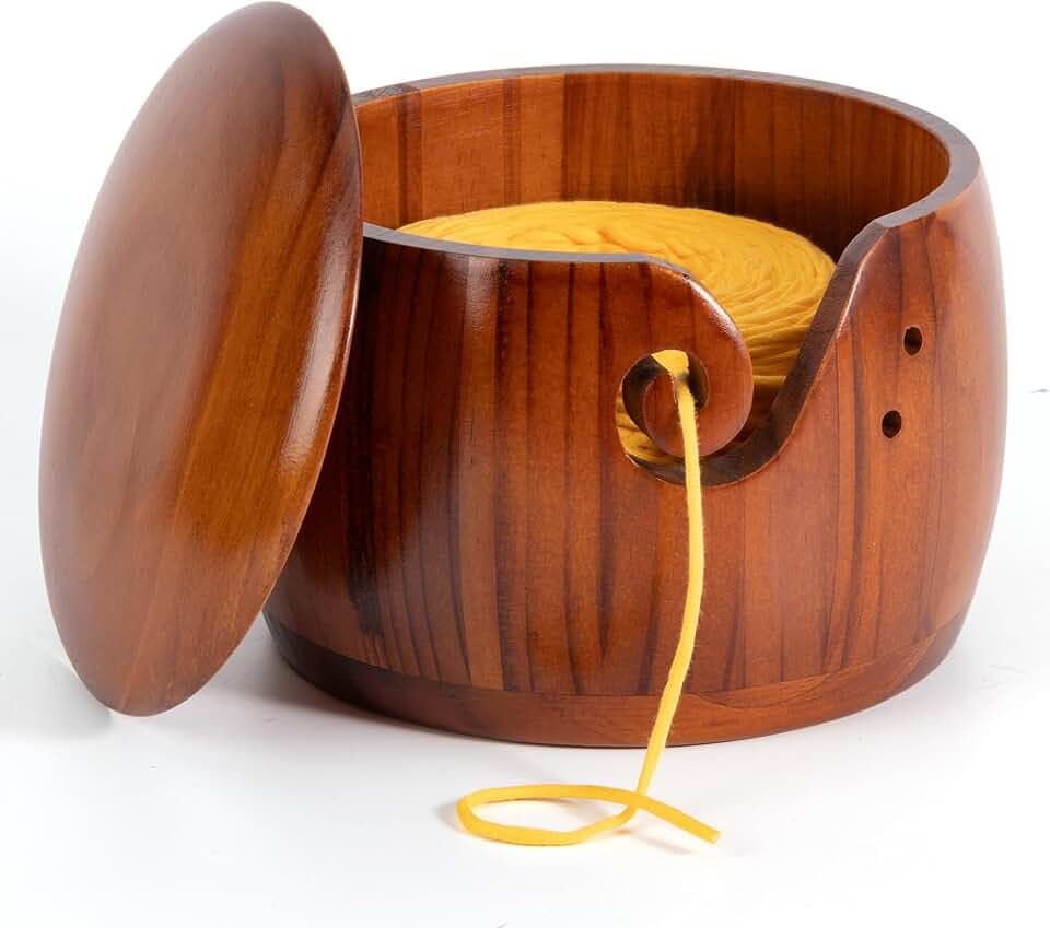 Caydo Yarn Bowl for Crocheting & Knitting, 7x5 in Wooden Yarn Bowl with Lid