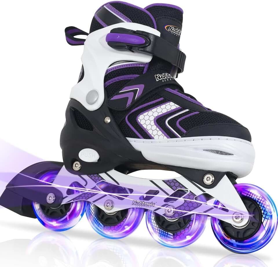 Nattork Adjustable Inline Skates for Girls and Boys with Full Light up Wheels, Beginner Roller Skates for Kids Youth Purple Pink Blue Black