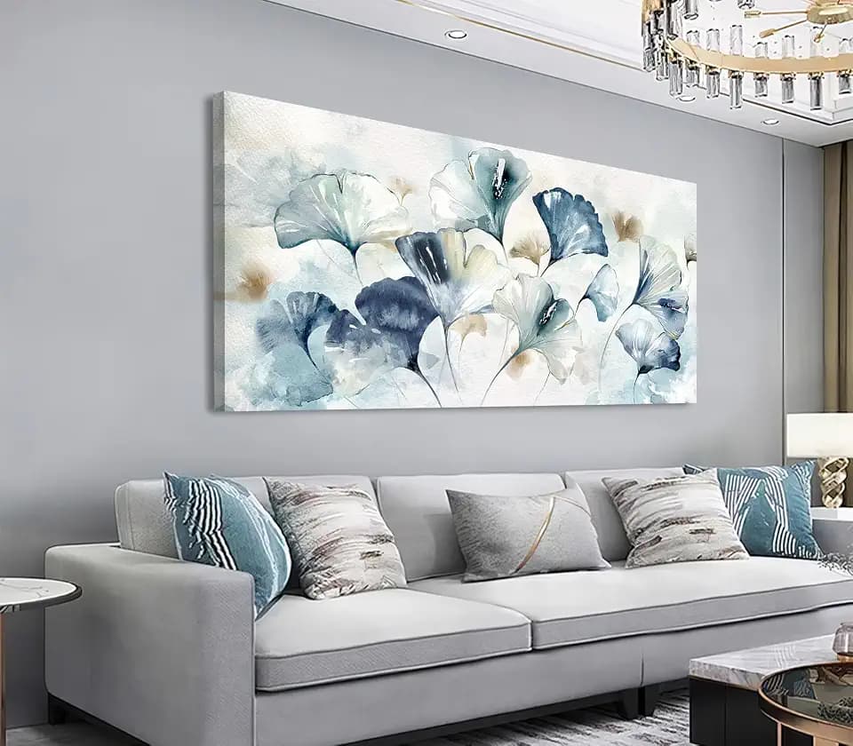 Shoci Ginkgo Leaf Wall Art, Blue White Brown Foliage Pictures, 29" X 58"