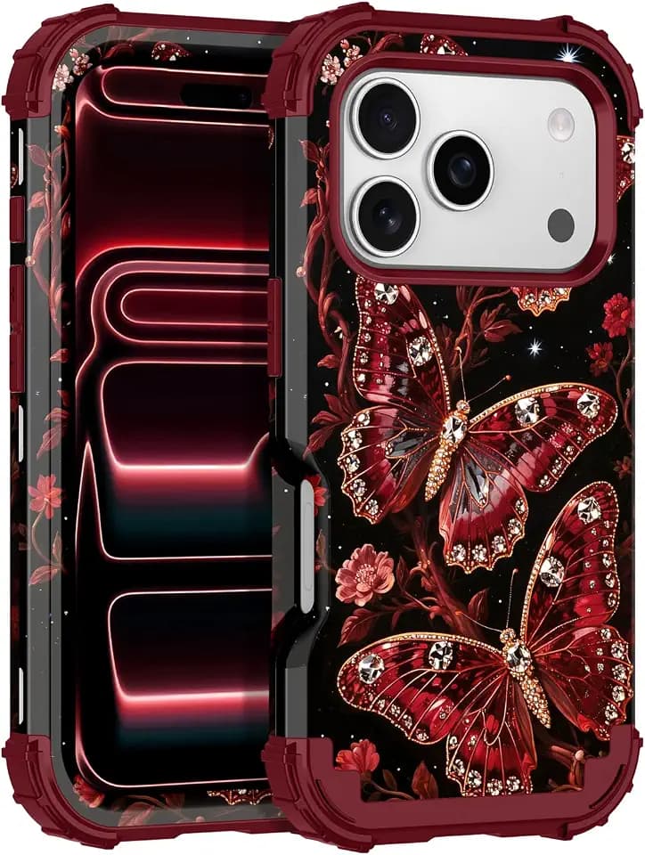 LONTECT for iPhone 17 Pro Max Case 3 in 1 Shockproof Heavy Duty Rugged Hard PC+Soft Silicone Full Body Protective Cover Case for Apple iPhone 17 Pro Max 2025, Ruby Gem Butterfly