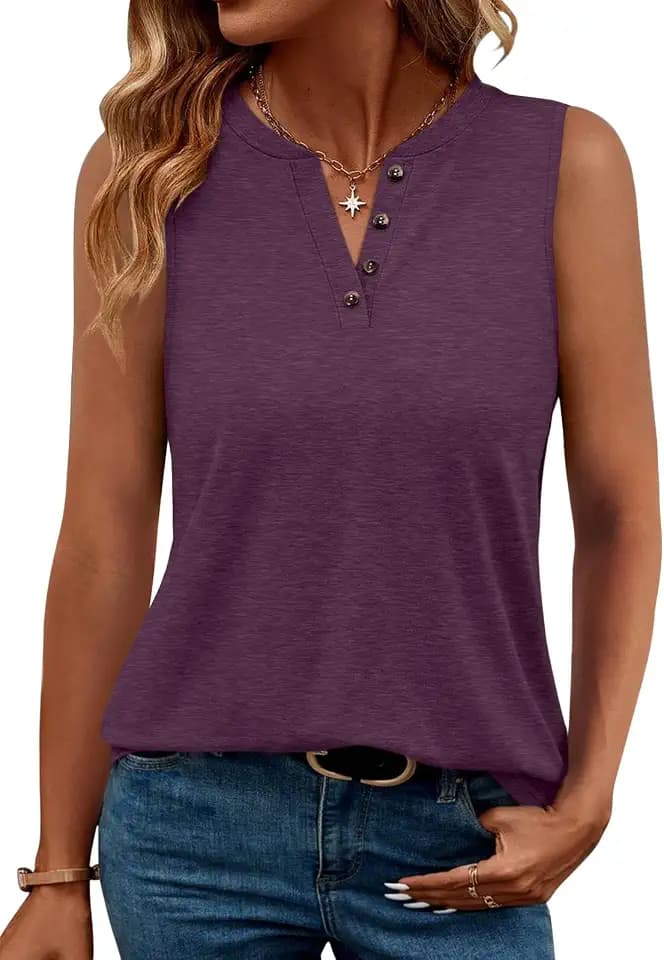 TICTICMIMI Women's V Neck Sleeveless Shirts Casual Summer Button Down Tank Tops Loose Fit Henley Blouse