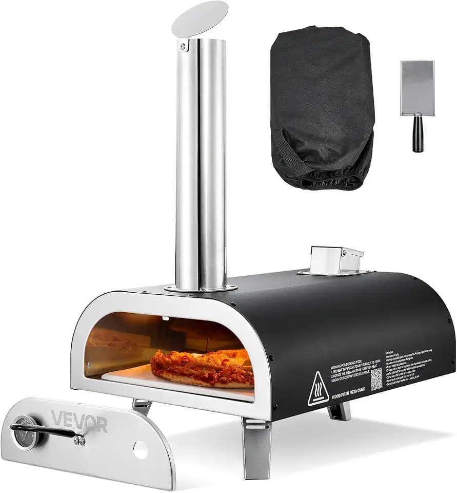 VEVOR Pizzaofen Outdoor 12 Zoll Pellet-Pizzaofen mit eingebautem Thermometer (max. 540 °C) & Schaufel & Tragtasche, tragbarer Pizzamaker für Garten Camping, Silber