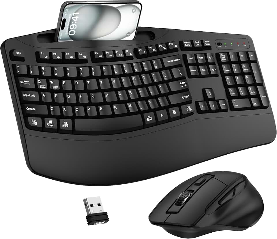 Wireless Keyboard and Mouse Combo, 2.4G Ergonomic Wave Keys(Black)