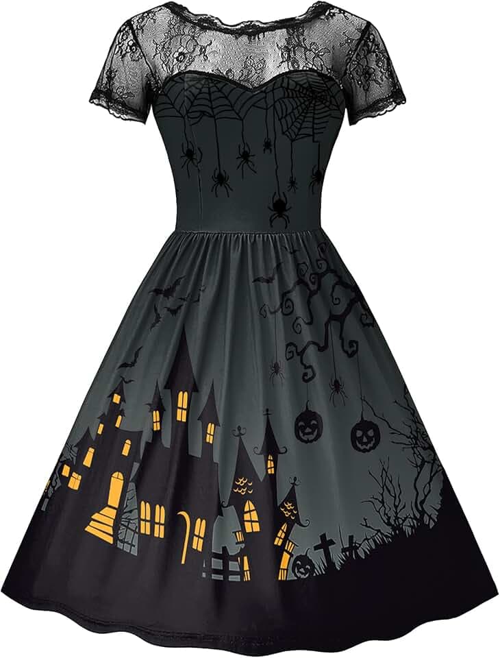 For G and PL Halloween Damen Kurzarm Elegant Kostüm Midikleid Spitzenkrägen Dress Party Kleider L