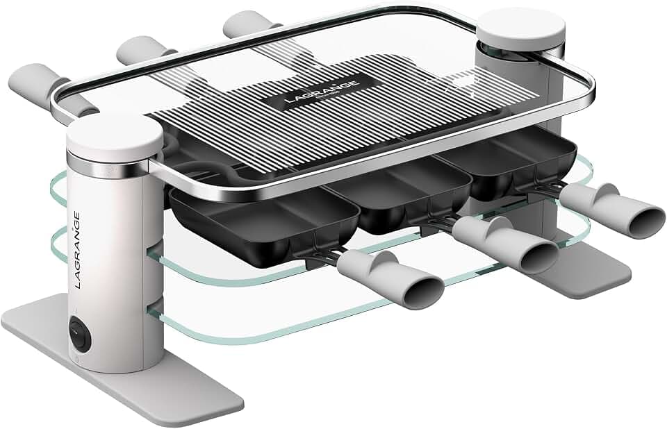 LAGRANGE Raclette-Gerät für 6 Personen, 750 W, Glasplatten, abnehmbare obere Platte für einfache Reinigung, integrierte Pfännchenablage, schlichtes Design, Ein-/Aus-Taste, 079601