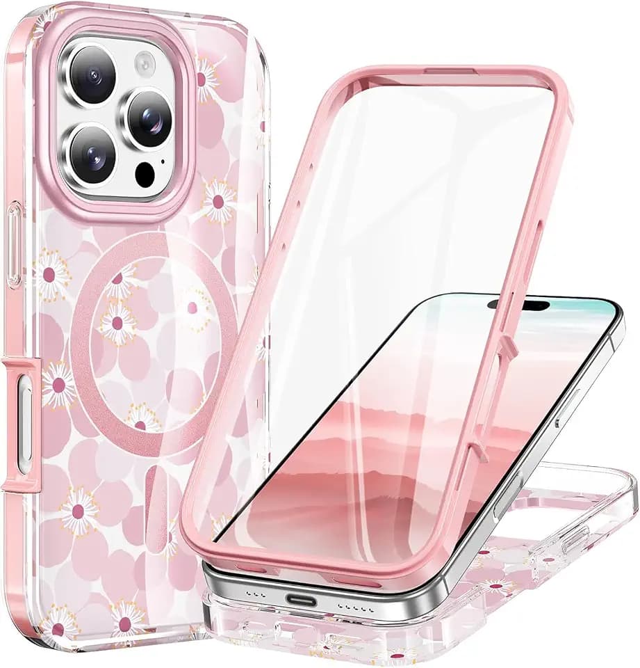 STERKER Designed for iPhone 16 Pro Max Case 6.9" [Compatible with Magnetic] [Built-in Screen Protector] Full Body Rugged Drop Proof 16 ProMax Cover - Romantic Floral Pink