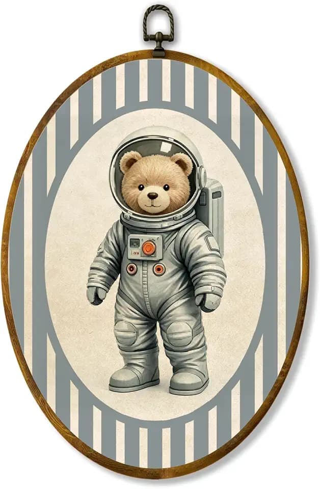 zewepri Astronaut Teddy Bear Oval Wall Art, Space Nursery Canvas, 8.5x11.5