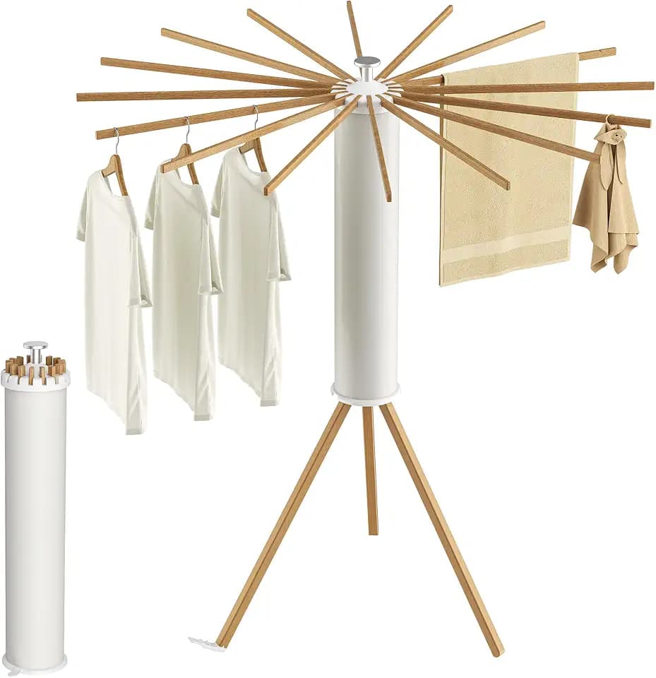 SUNOUTLY Tripod Clothes Drying Rack, Garment Rack Portable and Foldable Space Saving Laundry Drying Rack - Dryer Rack Clothing Floor Folding Balcony Bedroom Household (Beige(Wood), 16 rods)