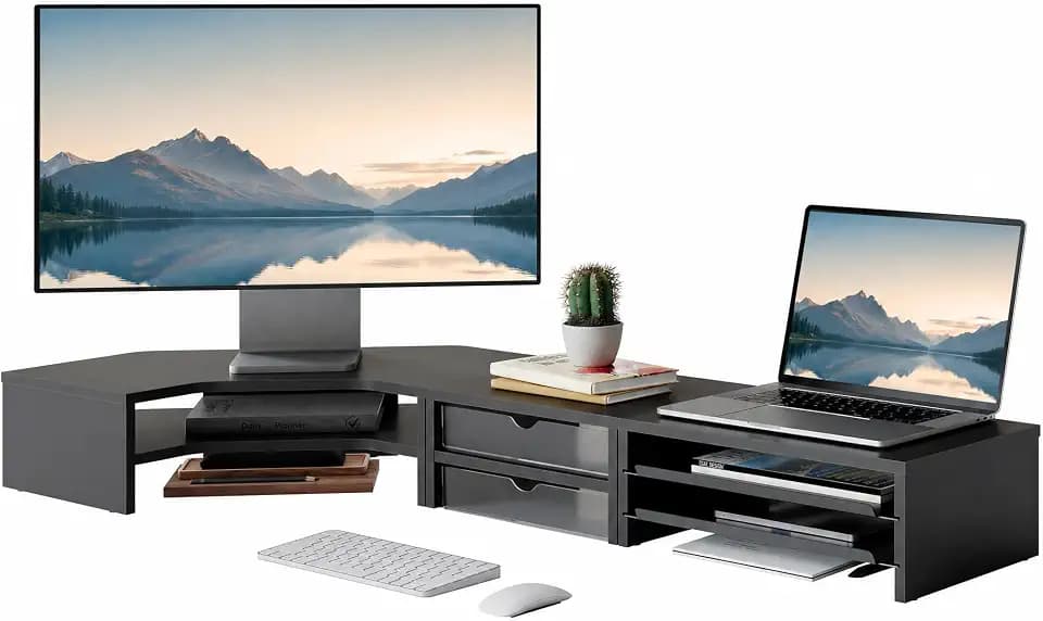 Fenge Dual Monitor Stand, Corner Desk Shelf with Drawer & Slide-Out Tray