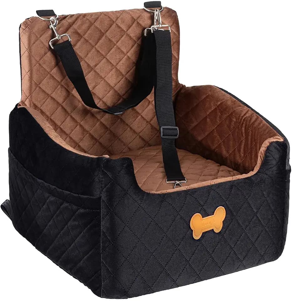 Dog Car Seat for Small Dogs, Dog Booster Seat Filling in Thick Memory Foam with 2 Safety Leashes and Storage Pocket, Suitable for Pet Under 30lb or 2 Puppies (Brown/Black)