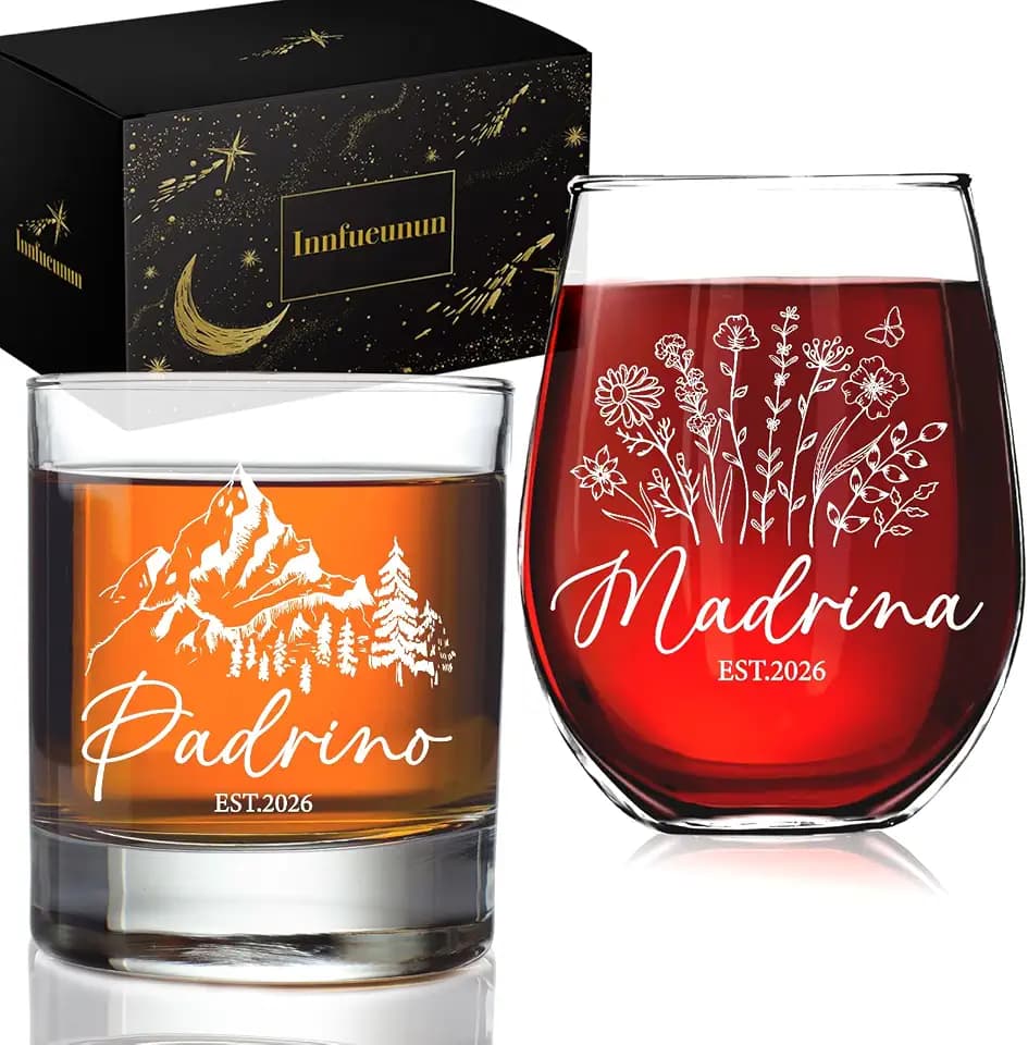 2PCS EST 2026 Padrino Madrina Wine & Whiskey Glass Set