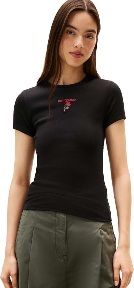 Tommy Jeans Women's Ribbed Graphic Tee with Embroidered Rose Logo Detail