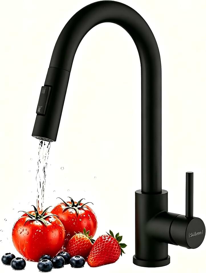 Wasserhahn Küche Schwarz,Hochdruck Küchenarmatur mit Herausziehbarer Brause,Ausziehbar Armatur Küche 360° Drehbar,Zwei Sprühfunktionen Edelstahl Mischbatterie Küche