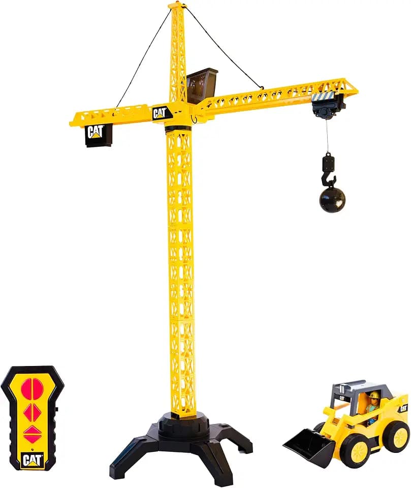Cat Construction Workforce Jumbo Tower Crane Set, 50-Inch RC Crane Toy with 360-Degree Rotation, Hook and Wrecking Ball, Light, Skid Steer and 4" Figure, USB Rechargeable, Ages 5+