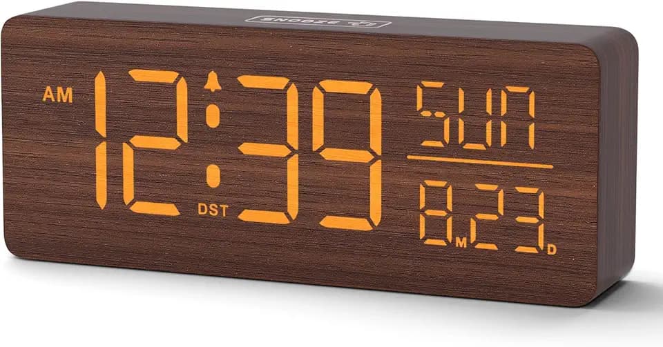 Peakeep Wooden Digital Alarm Clock Large Display, Textured Decoration