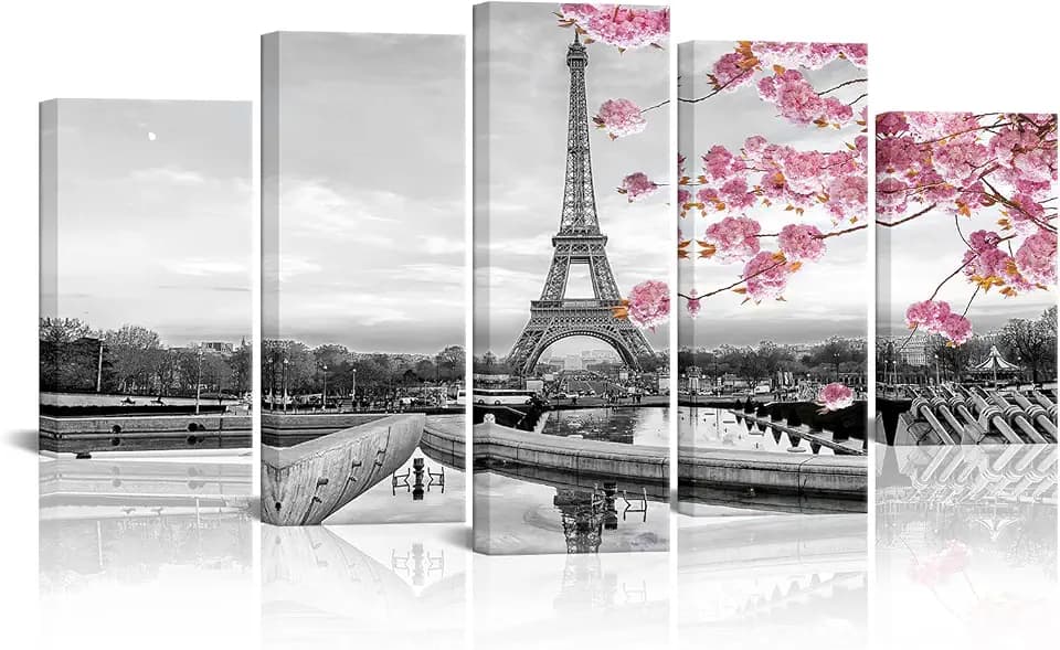 5 Panel Paris Canvas Wall Art Black White and Pink Eiffel Tower Picture Paintings City Building Architecture Flower Landscape Artwork Modern Bedroom Living Room Wall Decor Stretched and Framed