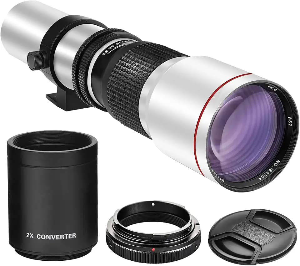 High-Power 500mm/1000mm f/8 Manual Telephoto Lens for Nikon D500, D600, D610, D700, D750, D800, D810, D850, D3100, D3200, D3300, D3400, D3500, D5000, D5200, D5300, D5500, D5600 D7100 D7200 D7500 WHITE