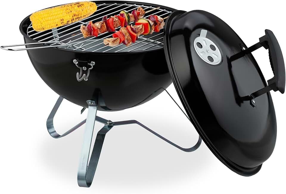 Relaxdays Kugelgrill, tragbar, Ø 37 cm, Picknickgrill für Garten & Park, Holzkohlegrill mit Deckel, Rundgrill, schwarz