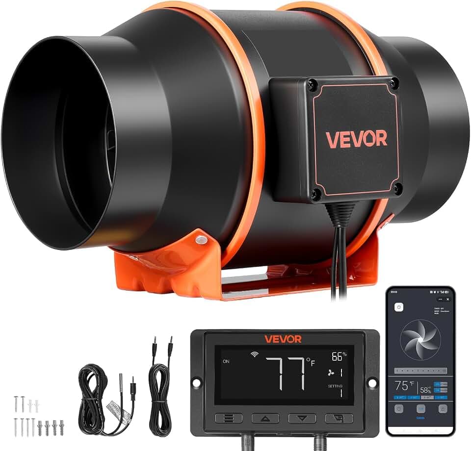 VEVOR Inline Duct Fan, 402 CFM 6 inch EC Motor Exhaust Ventilation Fan with 10-Speed, PWM Controller, App Control, Temperature Humidity Sensor, Cooling for Grow Tent, Indoor Gardening, Hydroponics