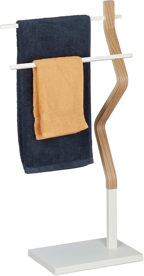 Relaxdays Handtuchhalter stehend, Handtuchständer mit 2 Stangen, Hand- & Geschirrtücher, Holzoptik & Metall, weiß/Natur