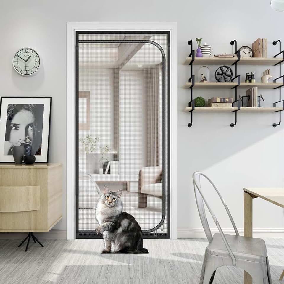 katzengitter balkontür, Verdickte Hund Katze Gittertür mit Reißverschluss, Türnetz Verhindern die Katze herausläuft, Katzenschutzgitter für Wohnzimmer, Schlafzimmer (Schwarz, 80 * 200cm)
