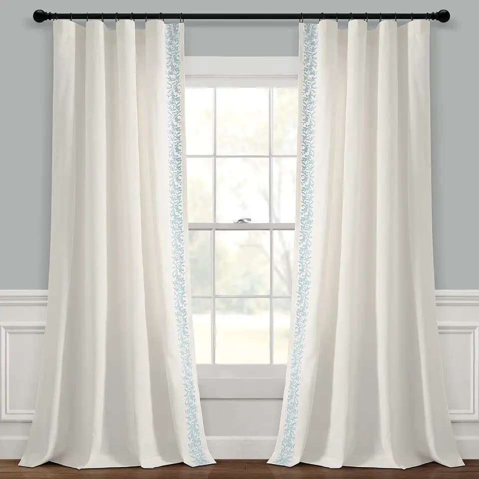 Lush Decor Modern Luxury Embroidered Border Window Curtain Panel Single 52" W x 84" L Off White & Blue - Bedroom Curtains White Curtains for Living Room