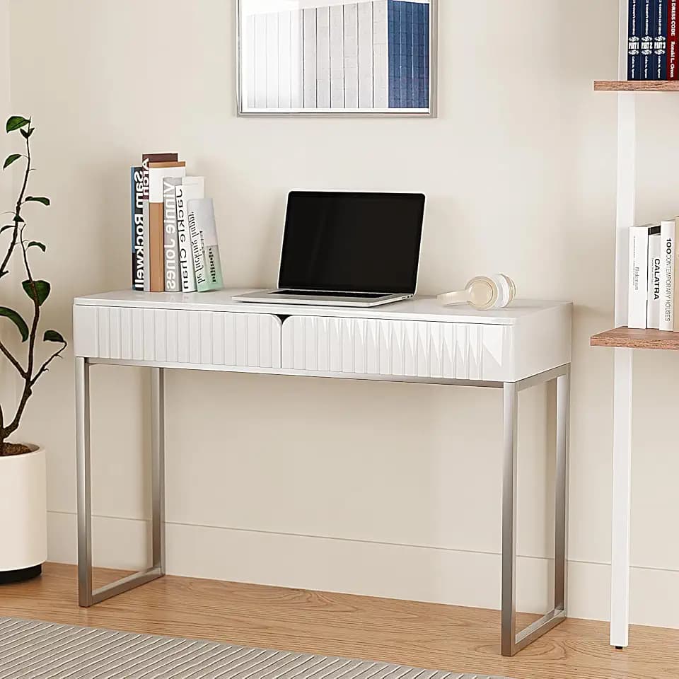 Tamworth Design Modern Multi-Purpose Desk, White & Antique Brass, 43" L x 15.75" W, 2 Large Drawers, Computer/Vanity/Study, Adult Size
