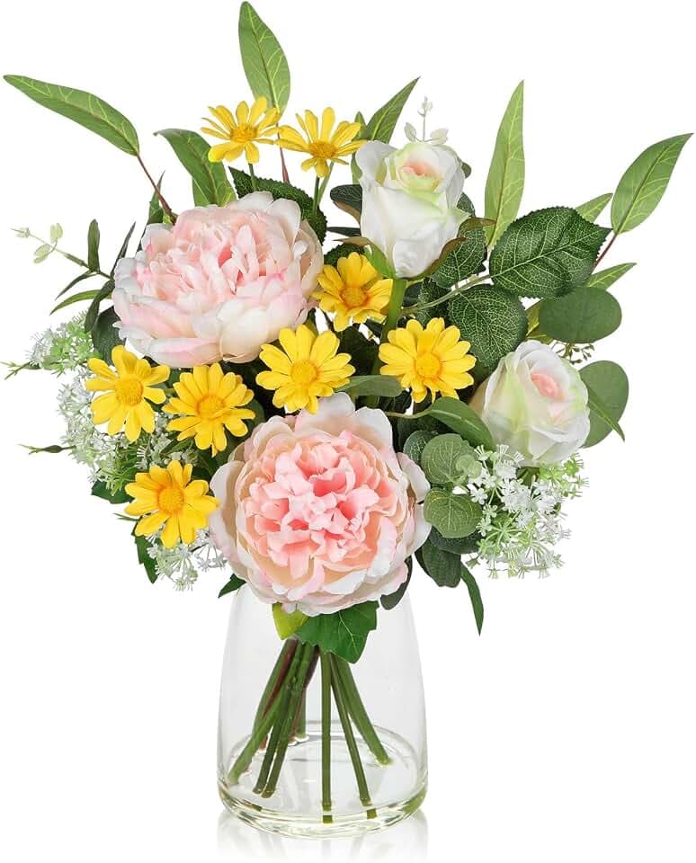 Kunstblumen in Glasvase 40 cm Künstliche Pfingstrose Blumengesteck