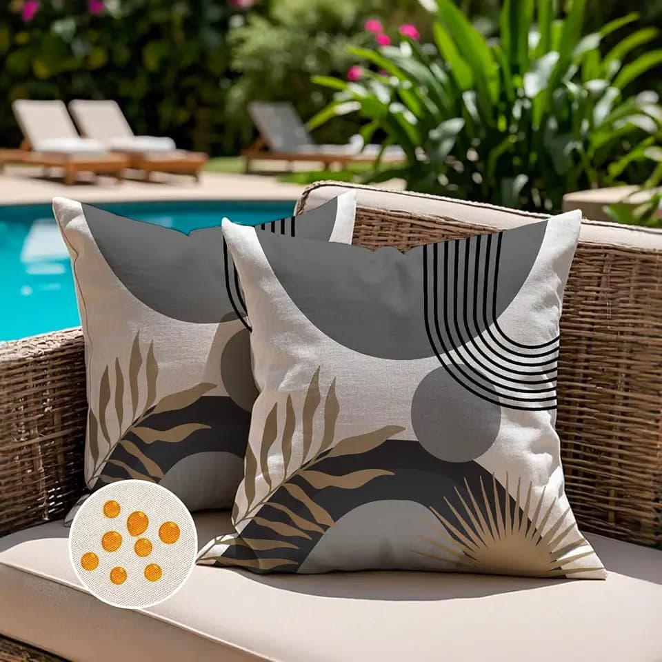 Outdoor Kissenbezug 50x50 Wetterfest Grau Sofakissen Kissenhülle Boho Modern Minimalistisch Geometrische Tropische Blätter Sommer Kissen Kissenbezüge für Sofa Garten Deko 2er Set