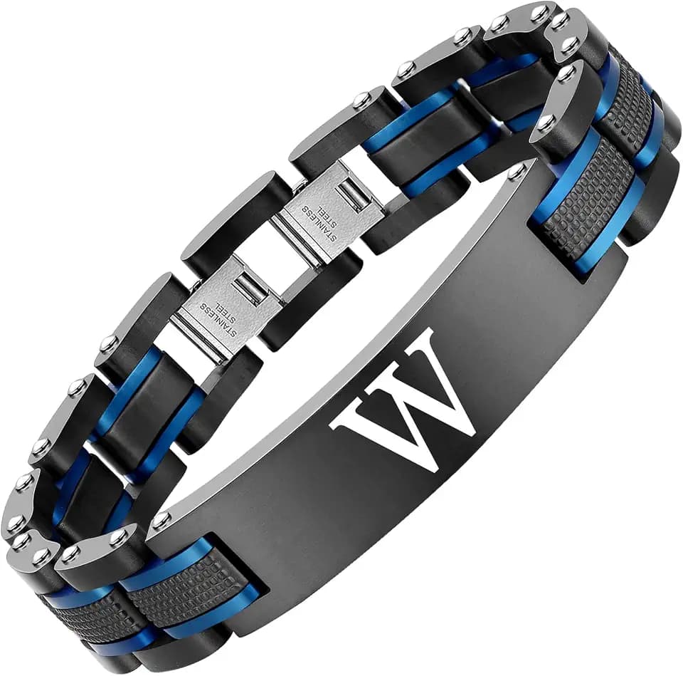 Men's initials bracelet - blue and black double spelling, men's bracelet stainless steel. Elegant and durable with gift box