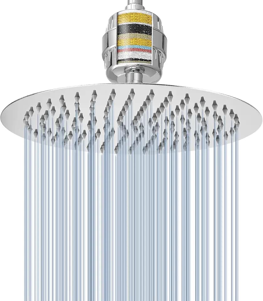Kombination aus Voolan-Regenduschkopf und 15-Stufigem Duschfilter, Hochdruck-Regenduschköpfe aus Edelstahl, Wasserenthärtungsfilterkartusche für Hartes Wasser (25cm, Rund)