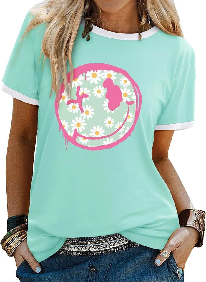 WIEIYM Damen-T-Shirts, Rundhalsausschnitt, kurzärmelig, lässig, Sommer, Tops, Smiley-Gesicht, bedruckte T-Shirts, Bluse, S-XXL
