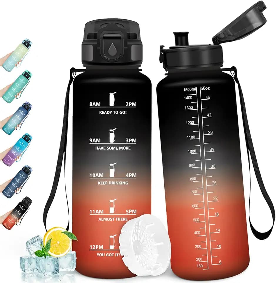 HoneyHolly Trinkflasche 1500ML, Sportflasche mit Filter, Wasserflasche, Auslaufsicher mit Zeitmarkierung, Trinkflasche Kohlensäure Geeignet, Wasserflasche Sport für Wandern, Radfahren, Fitness, Gym