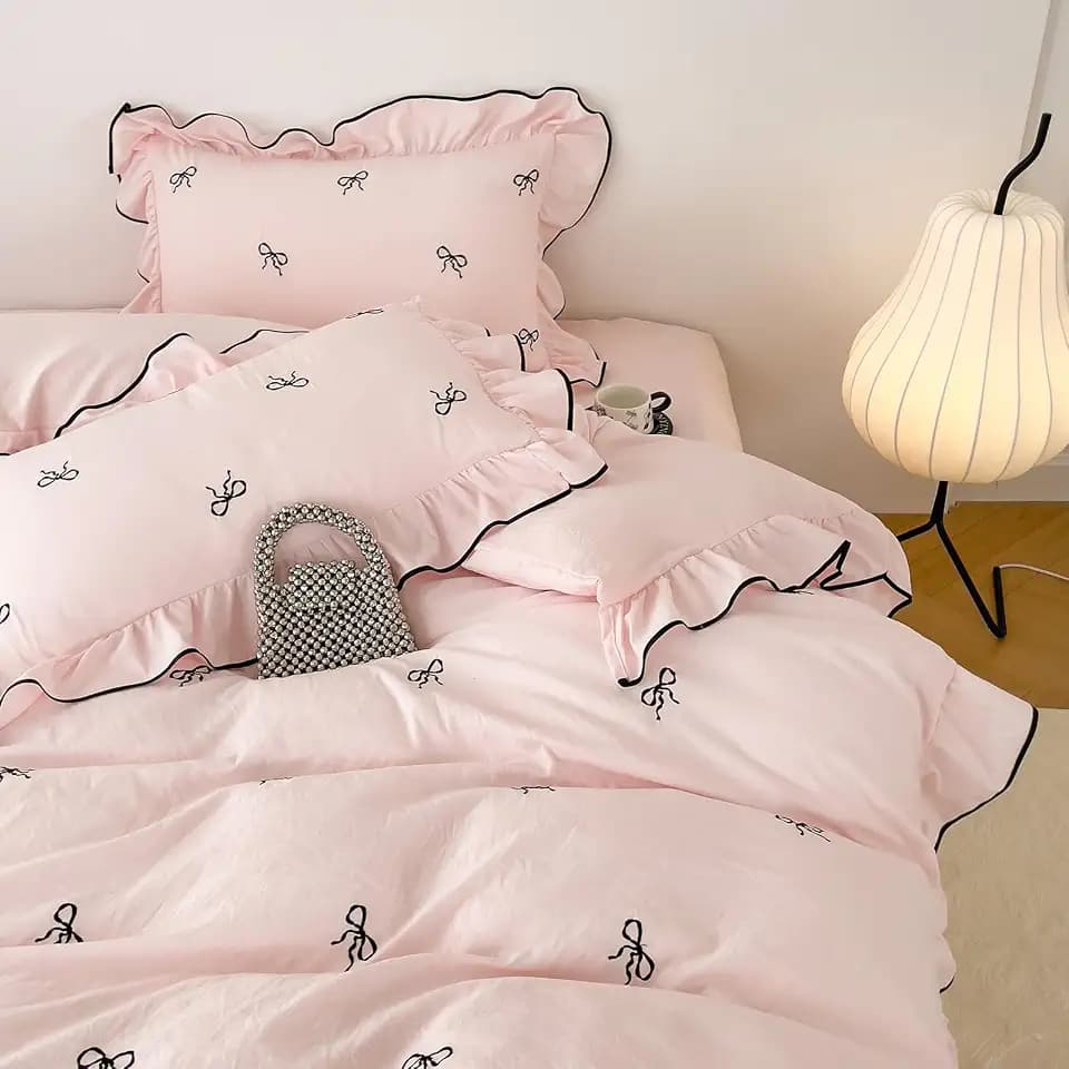 Cottagecore Bow Duvet Cover Queen 3-Piece Vintage Pink Ruffled Bedding Set