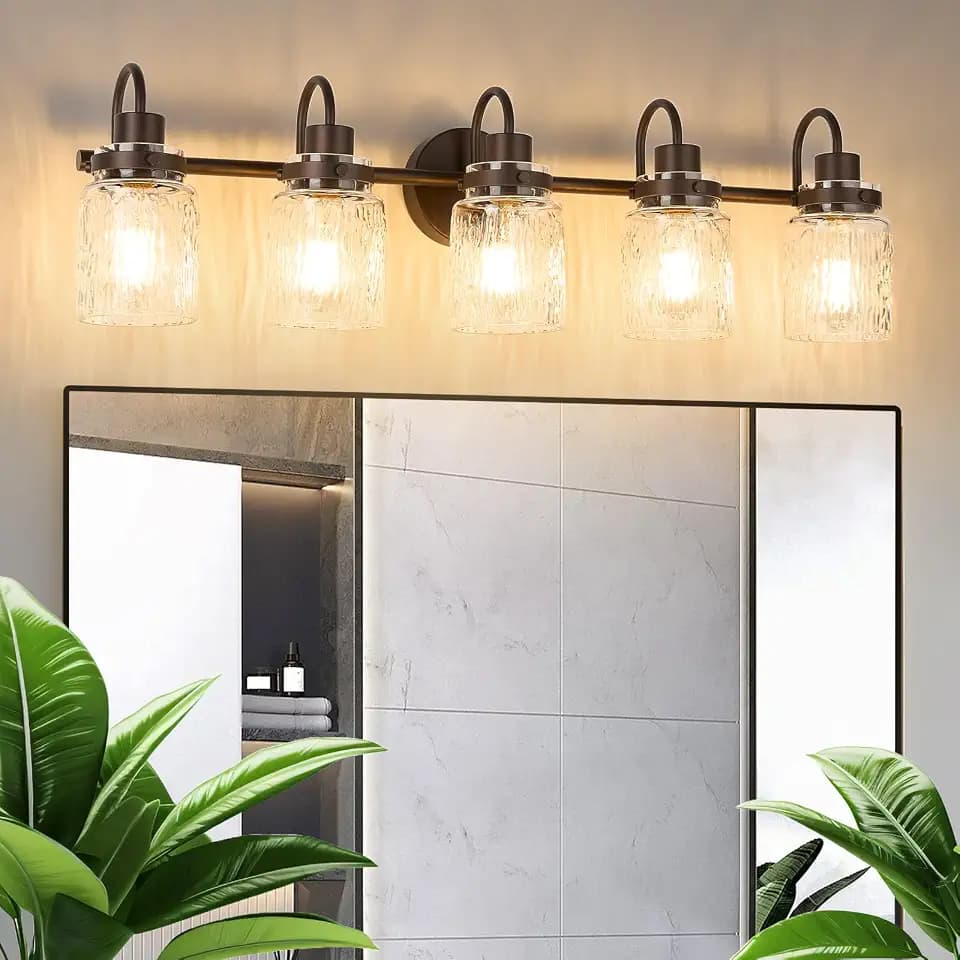 5 Lights Hammered Glass Bathroom Vanity Light, Oil Rubbed Bronze