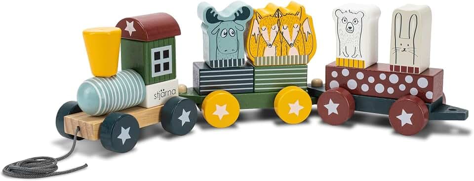 HEJ LØNNE Holzzug Kinder ab 18 Monaten Lok mit 2 Waggons 12 Teilen