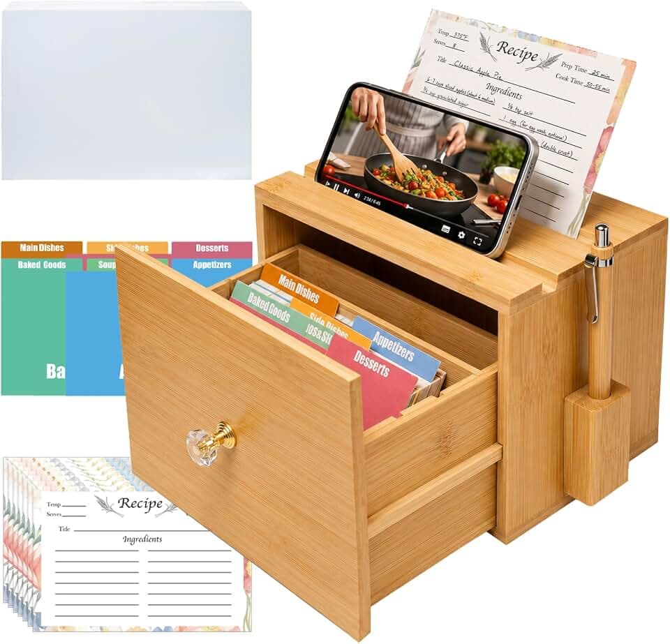 Wooden Recipe Box 4x6 with 50 Recipe Cards & 6 Dividers