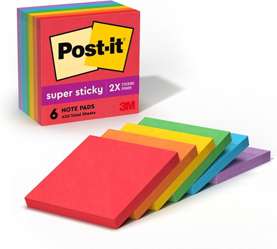Post-it Super Sticky Notes, 3 x 3 in, Playful Primaries, 6 Pads