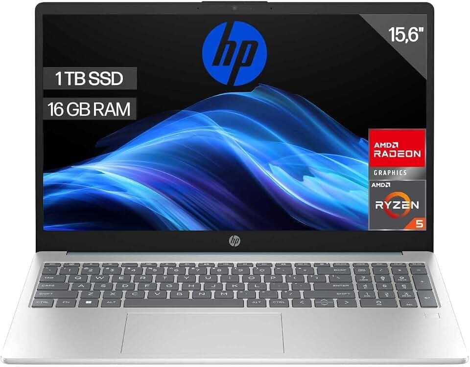 HP Laptop 39,6 cm (15,6 Zoll) FHD (AMD Ryzen 5-7520U, 16 GB RAM, 1 TB SSD, AMD Radeon Graphics, ohne Betriebssystem), Silber und Blau, spanische QWERTY-Tastatur