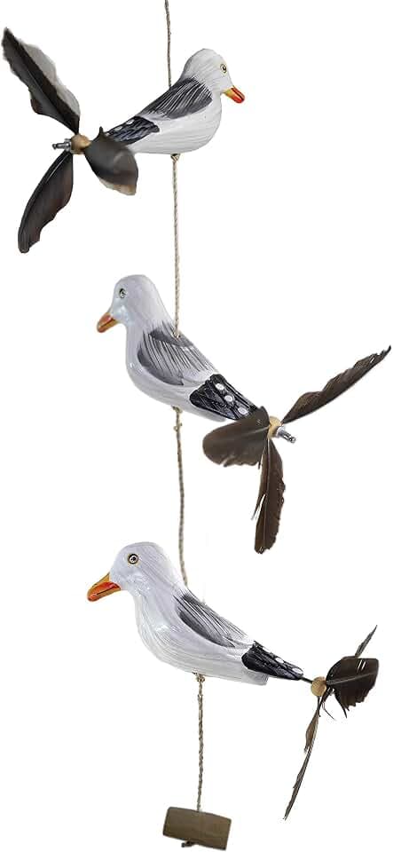 ART-CRAFT Möwe-Rudil mit Feder Propeller mit 3 Vögeln Holz Tierfiguren als Maritime deko, Balkon-deko oder als Garten-Dekoration