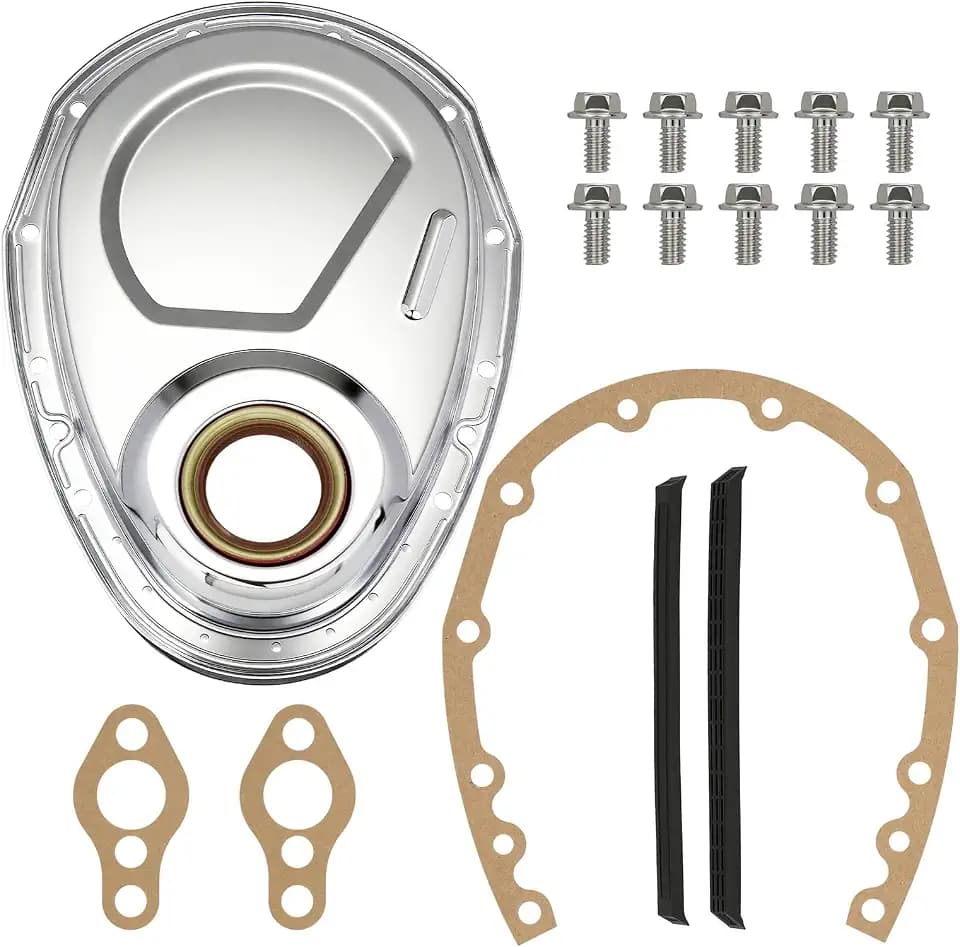 Timing Chain Cover Kit with Gasket Seal Bolts Set Chrome Plated Steel Compatible with Chevy SBC 283 305 327 350 383 400 Engines