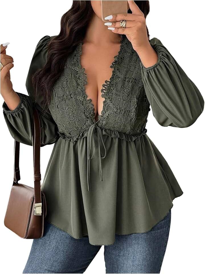 SOLY HUX Women's Plus Size Lace Deep V Neck Peplum Ruffle Hem Blouse Tops