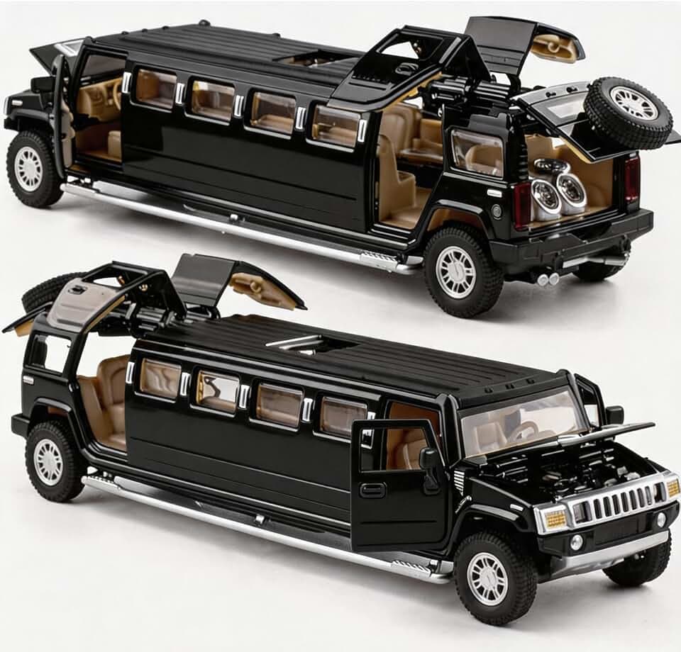 1/32 H2 Auto Modell, Diecast Auto Spielzeug mit Sound und Licht, Alloy Stretch Limousine Pull Back Spielzeug Fahrzeug für Erwachsene Kinder Jungen Mädchen (Schwarz)